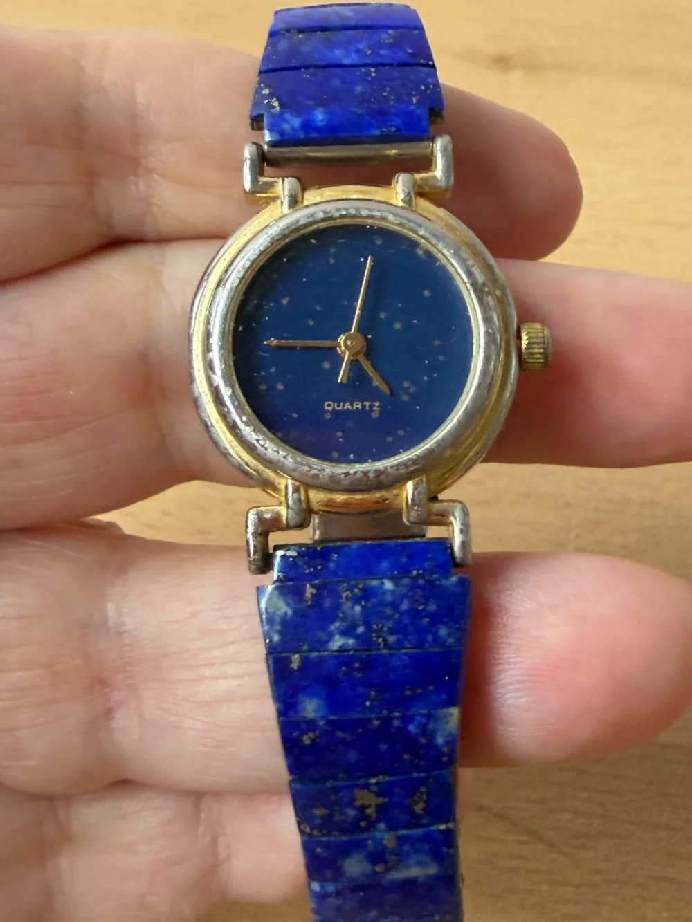 Vintage Lapis Lazuli Stretchy Bracelet Quartz Ladies Watch Fresh Battery AS IS